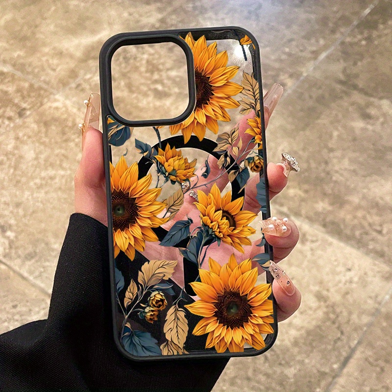 Case for iPhone 16 Pro Max 15 Plus 14 13 12 11 XS Max XR X Wild Sunflowers Pattern Anti-Scratch MagSafe Enabled Hard PC Back Protective Drop Protection Slim Cellphone Cover Gift