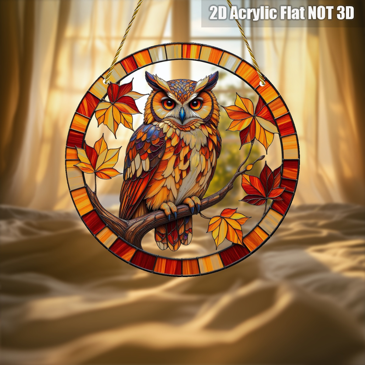 TEMU 2d Flat Autumn Owl And Maple Leaf Acrylic Suncatcher - 8"x8" Modern Wall Decor, Vibrant Autumn Colors, No Electricity Required, Nature-inspired