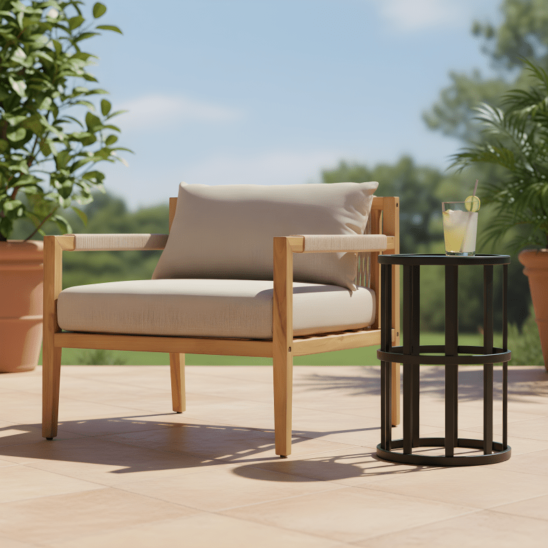 Acacia And Beige Rope Lounge Chair with Ceramic Tile Side Table Set