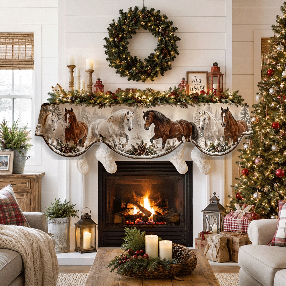 TEMU 1pc Christmas Fireplace Mantel Scarf Suitable For Fireplace & Window Door Decor, Winter Horse With Scene, Flat Print Horse-themed Decoration For