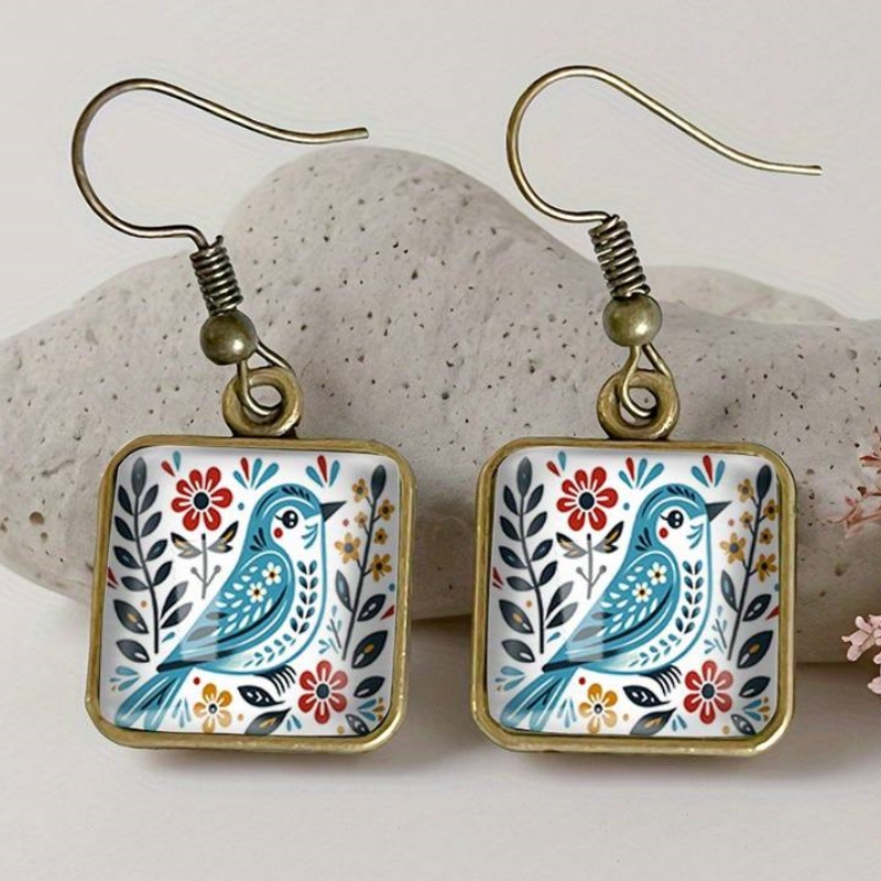 Women's Colorful Flower Bird Pattern Printed Square Pendant Earrings