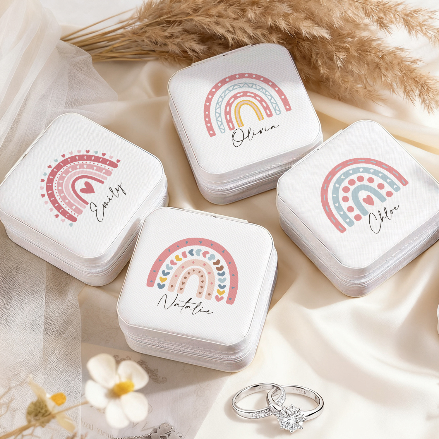 Personalized Name White Jewelry Organizer Box with Rainbow Design