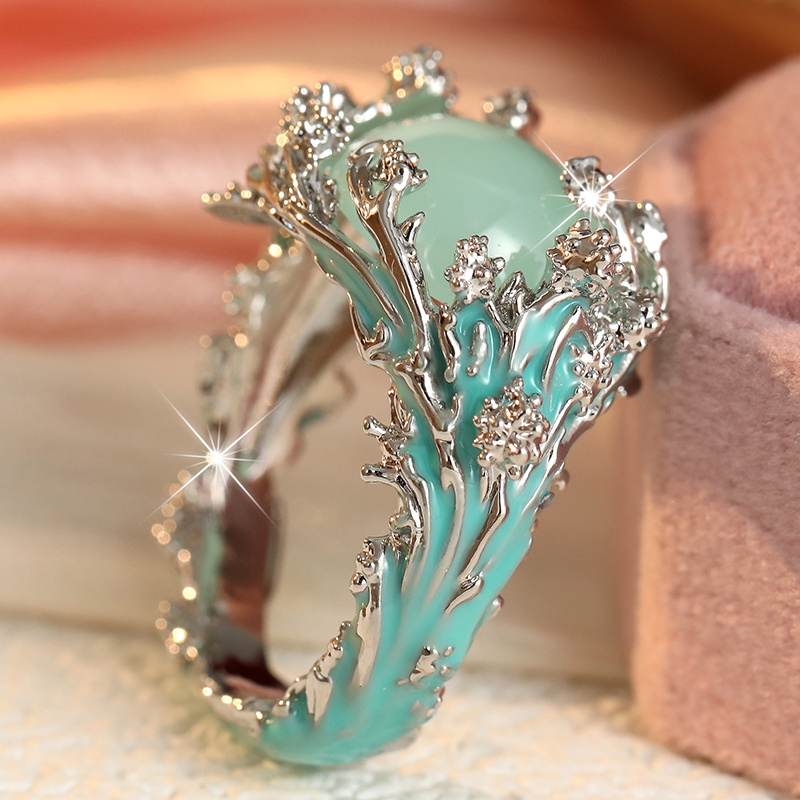 Women's Elegant Blue Glazed Coral Branch Ring with Green Bead