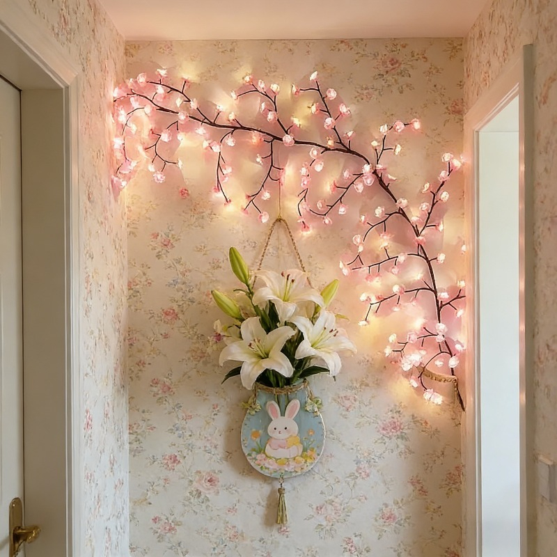 192pcs Cherry String Lights, 96 Leds + 96 Cherry Blossoms, Illuminated Cherry Branch Lights, Cherry Vine Lights, Led Branch Lights, 8 Flashing , Usb Powered, Diy, Indoor Ambient Decorative Lights