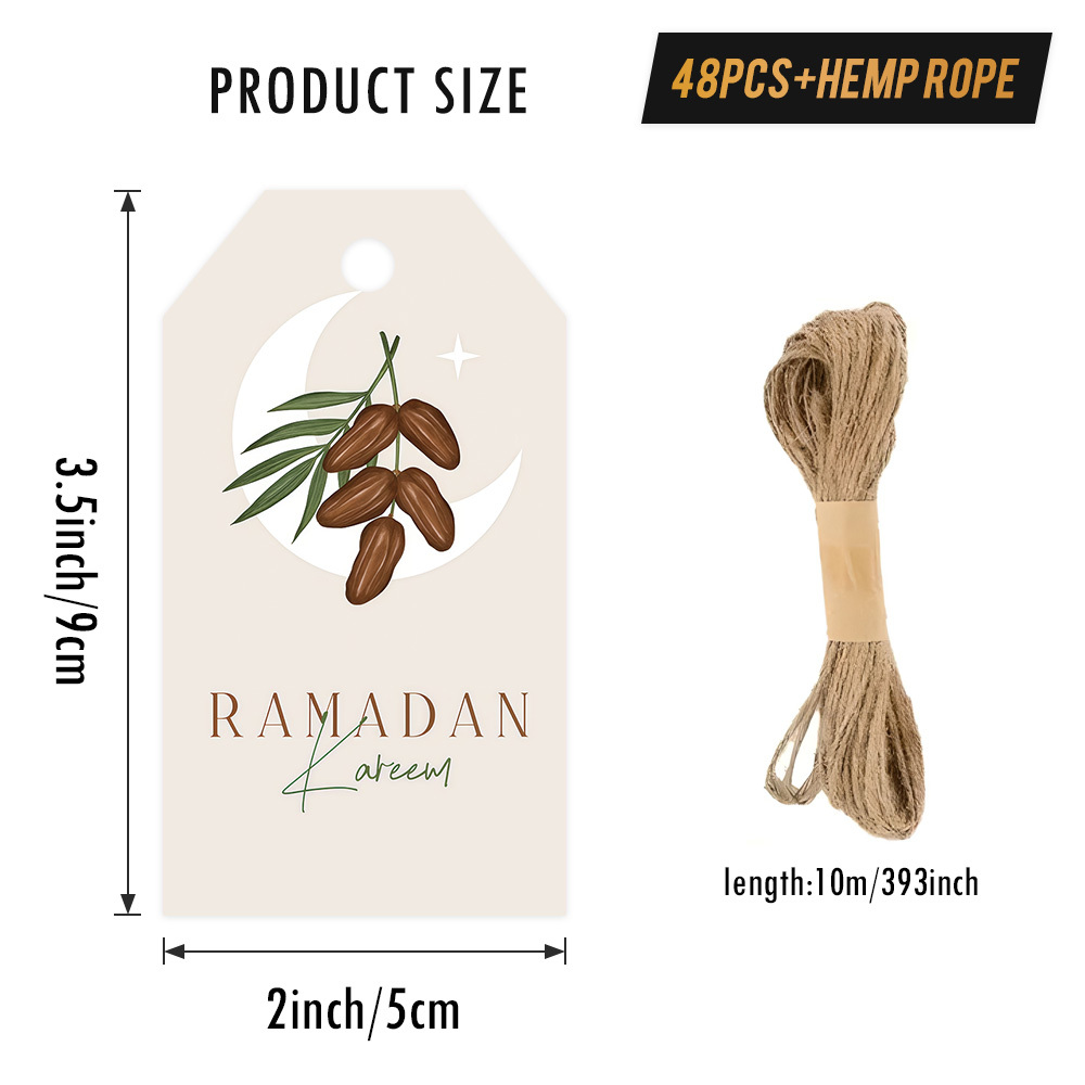 Image of 48pcs "ramadan Kareem" Tags With Hemp Rope. Featuring Combining Fruits And Crescent Star Elements, Suitable For Literary Favor Decoration, Festival Item Labeling, Light Gathering Gift Box Marking, Etc