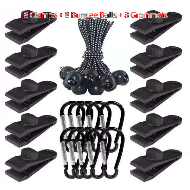 Image of 24pcs Heavy Duty Tarp Clips With Clamps, Bungee Balls & Grommets Suitable For Tarps, Pool Covers, Camping, Awning - Outdoor Fasteners For Tarpaulins, Canopies, Covers
