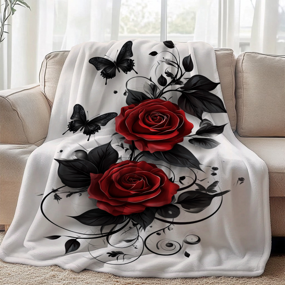 TEMU Red Roses And Print Flannel Blanket, Blanket For Sofa,, Livingroom, Office, Chair, Couch, Travel, Camping, And, Gifts For Family Or