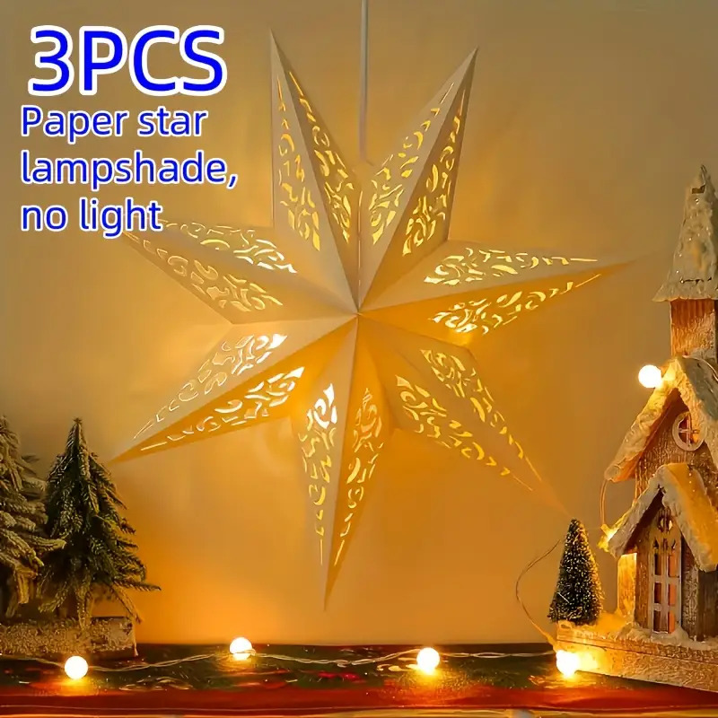 Image of 3pcs Star Paper Lantern Decorations - Elegant Hollowed-out Design, Warm Light Suitable For Home, Bedroom, Wedding And Christmas Decorations, No Batteries Or Electricity Required
