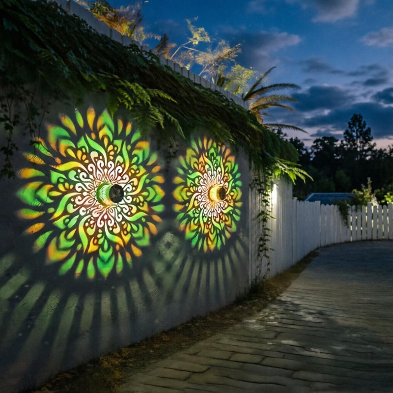 mandala light solar fence light outdoor projection wall lamp colorful mandala theme   solar light suitable for   and stair lighting courtyard backyard and front door decoration christmas