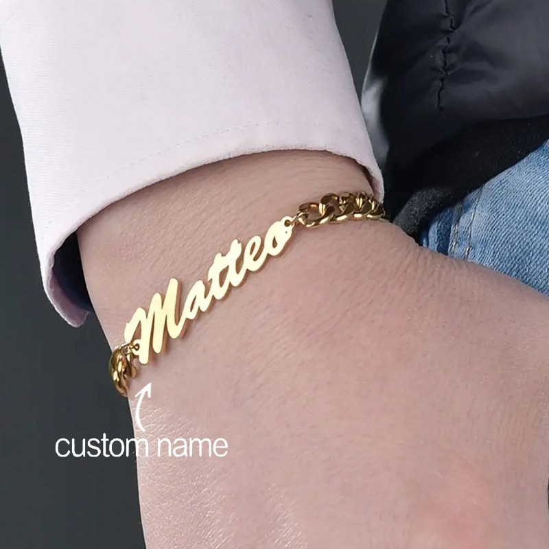 TEMU Bracelet 1 pièce avec nom personnalisé, chaîne pour homme en acier inoxydable réglable avec breloques