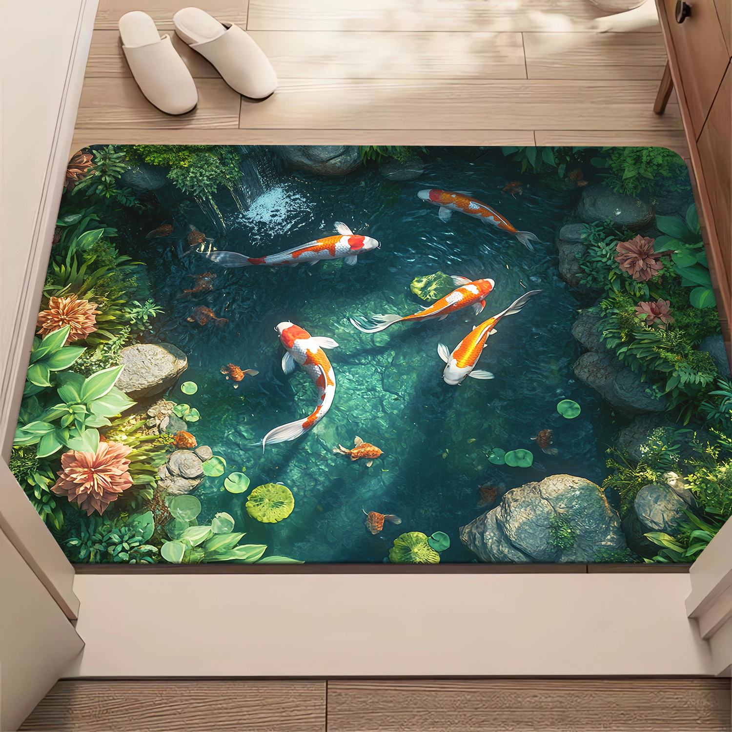 TEMU 1pc, High Definition Printed Goldfish Pond Door Mat, Non-slip Bathroom Floor Mats, Microfiber Absorbent Polyester Rug Machine Washable For
