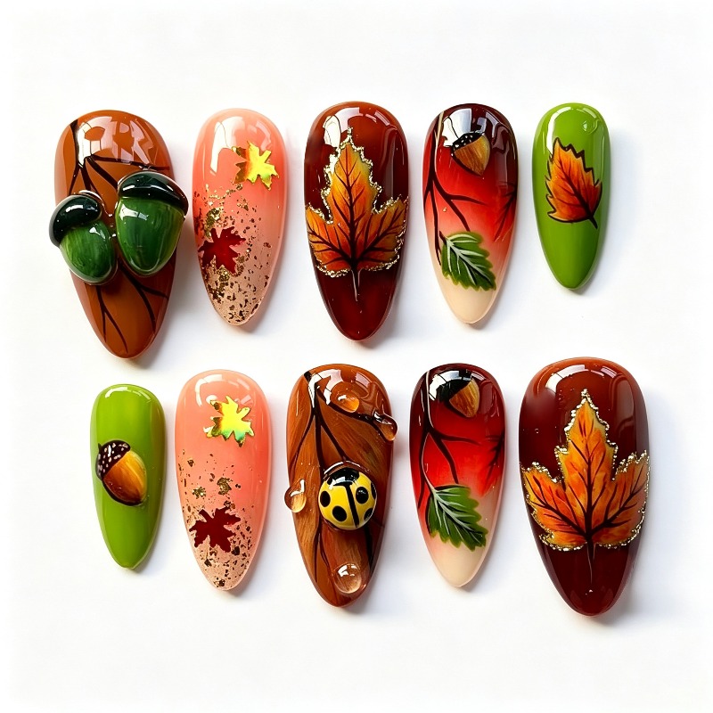 10pcs Autumn Maple Leaf 3d Press On Nails, Fall Vibe False Nail Tips. Hand Painted , , Ladybug With Decor, Warm Retro Tones With Almond Shape. Full Of Style, Suitable For Autumn Trips