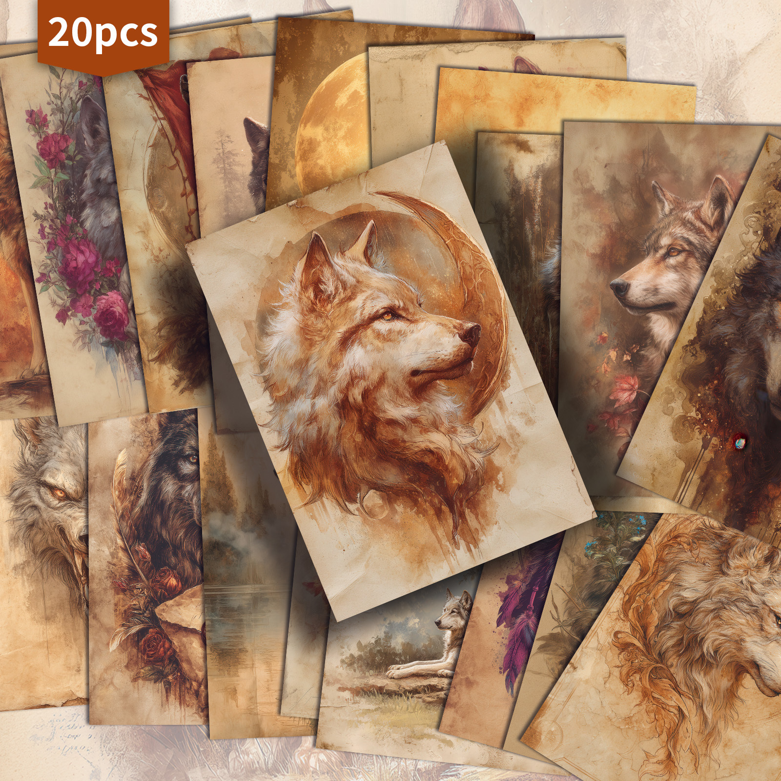 20-pack Vintage Wildlife Wolf Magic Postcards - 4x6 Inches Junk Journal Paper, Classic Pinup Illustrations, Collectible Decorative Painting Cards For Scrapbooking & Crafting