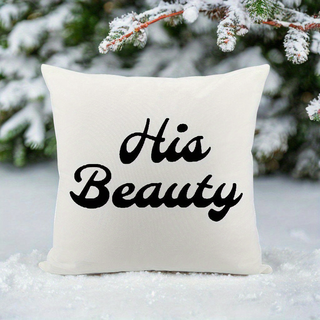 his hers couples pillowcase funny romantic gift with his beauty   initials elegant cursive lettering on white zipper closure hand wash only retro style matching bedding for couples Product details 5