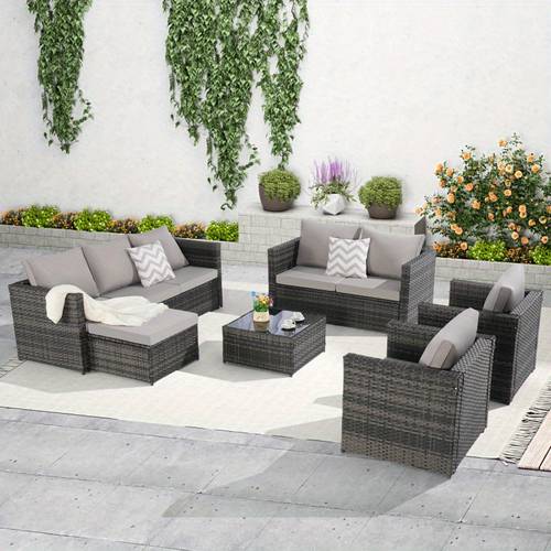 5pcs patio furniture set outdoor wicker rattan sofa conversation set all weather patio sectional sofa set with glass table s and pillows for garden backyard