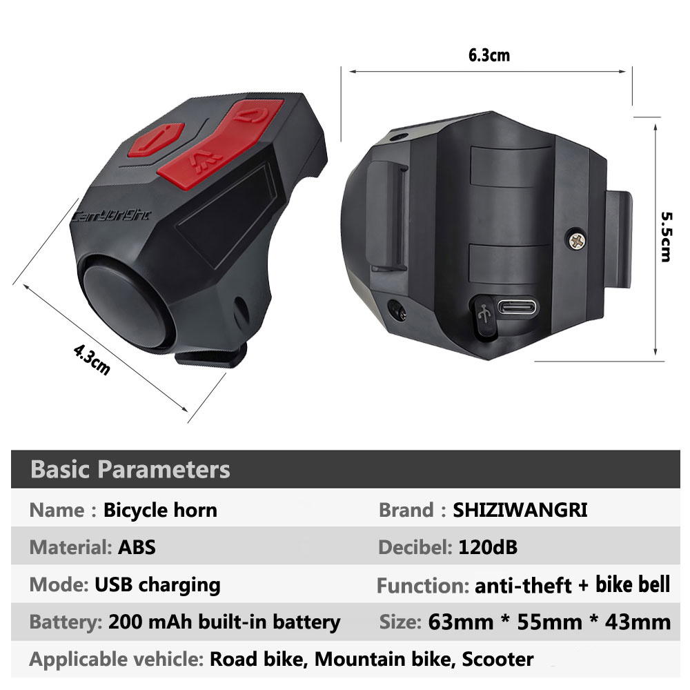 1 buc. Claxon Bicicletă Reîncărcabil | Alarmă Anti-Furt Puternică de 120db pentru Ciclism și Trotinete, Alimentare USB, Material ABS Durabil, Perfect pentru Ciclism în Aer Liber