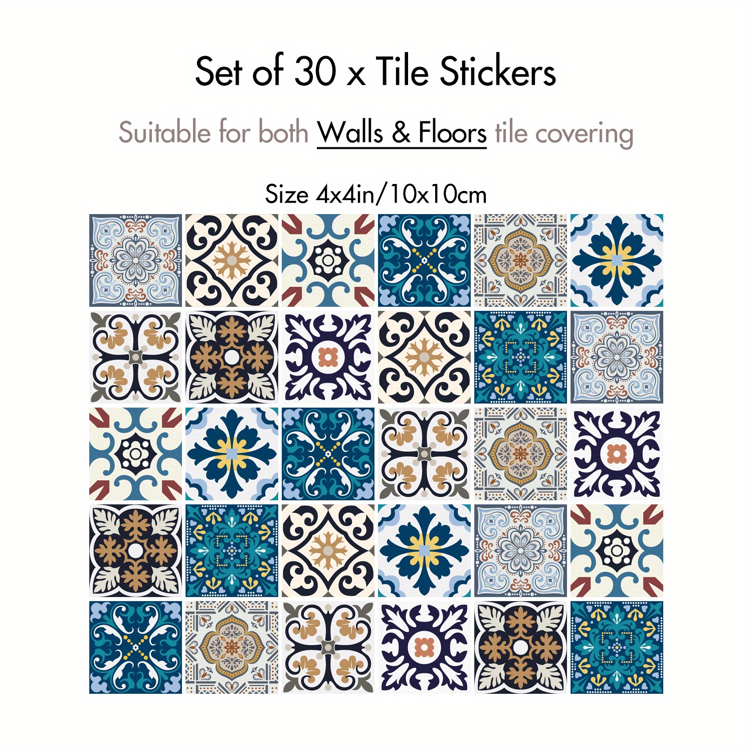 Image of 30pcs Moroccan Mediterranean Self-adhesive Waterproof Wall Tiles - Oil & Removable Vinyl Decals, Floral Mosaic Patterns For Kitchen Bathroom Backsplash, 4x4 Inch Diy Home Decor