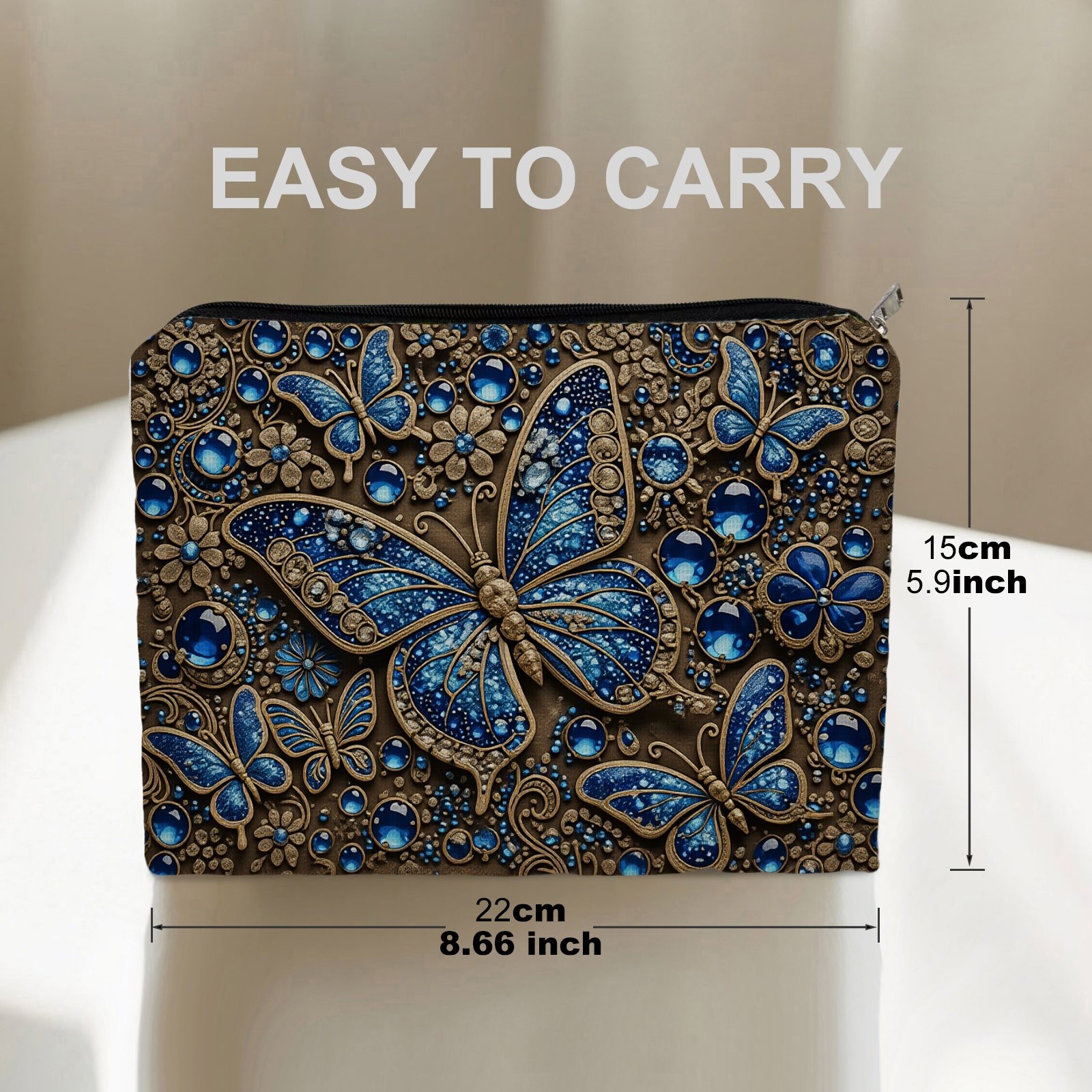 TEMU Exquisite Blue & Pattern Makeup Bag, Double-sided With Rich Ornate Floral , Durable Polyester Cosmetic Pouch In 5.9in*8.66in Size, Storing For
