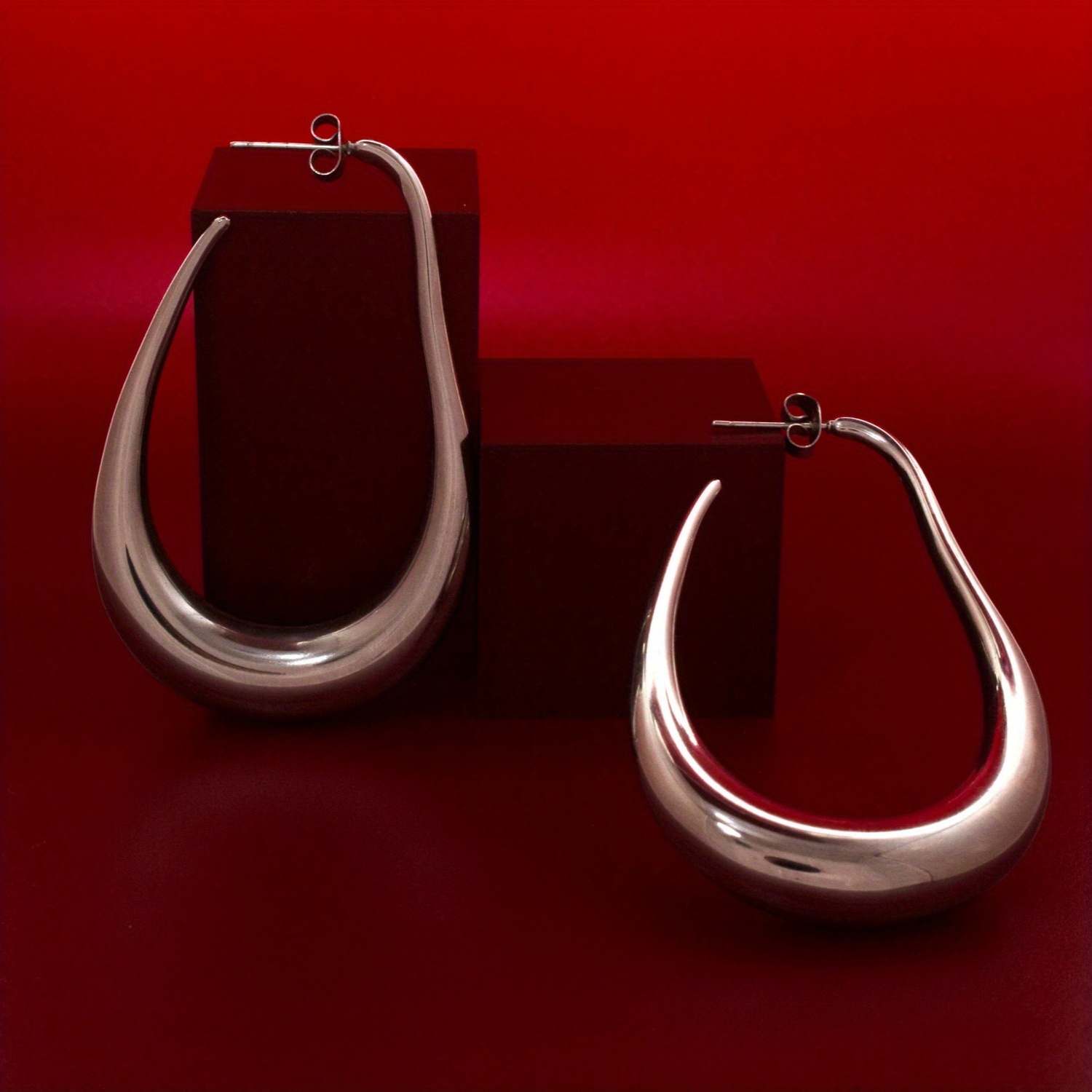 TEMU Silvery Statement Hoop Earrings, Modern Hollow Oval Hoops For Women, Minimalist Jewelry Gift