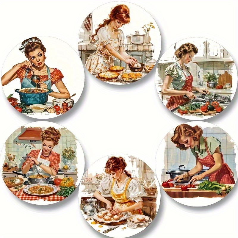 TEMU 6pcs Vintage Kitchen-themed Wooden Coaster Set, Non-slip Tea & Coffee Coasters With Scenic Cooking Illustrations, Home And Cafes, Coffee Bar