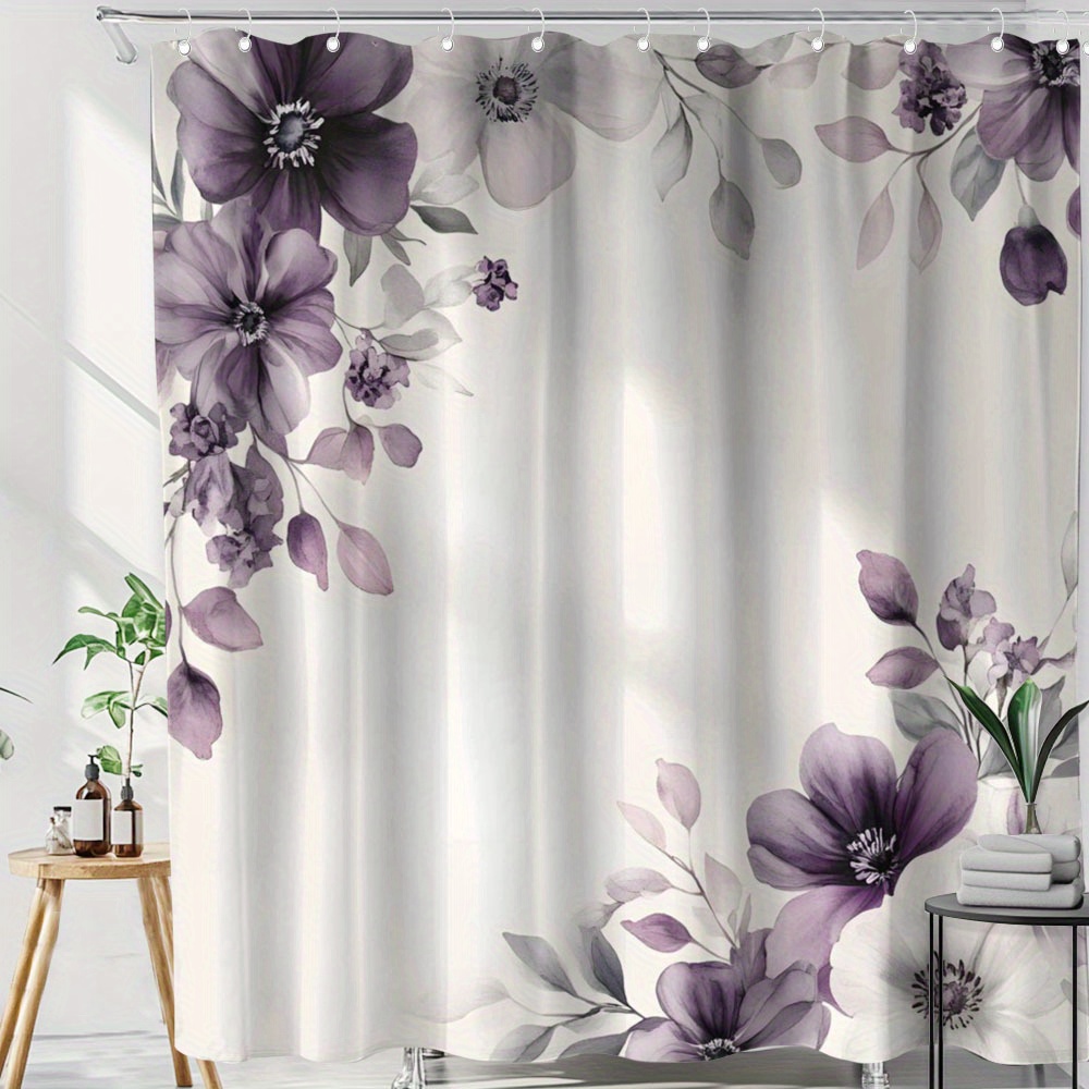 1 cortina de ducha elegante de flores moradas y blancas, 71x71 pulgadas -  Poliéster, lavable a máquina, acabado de * con ganchos, ideal para  decoración de baño, uso en * * accesorio de baño | Cortina ..., image size:1000x1000