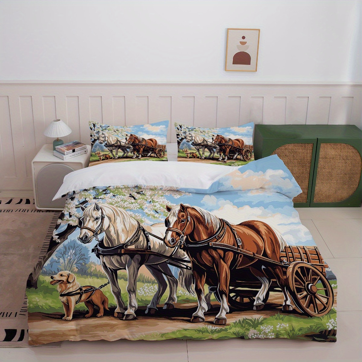 TEMU 3pcs Rustic Horse Carriage Bedding With White And Brown Horses And 1pc Duvet Cover And 2pcs Pillowcases, Without Core - Perfect For Farmhouse