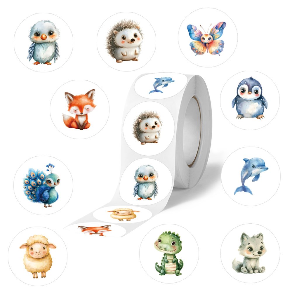 Image of 500pcs/roll Watercolor Animals Cartoon Sticker Decorative 1 Inch Reward Handbook Stickers Tape Computer Phone Cup Water Bottle Sticker Birthday Party Decor