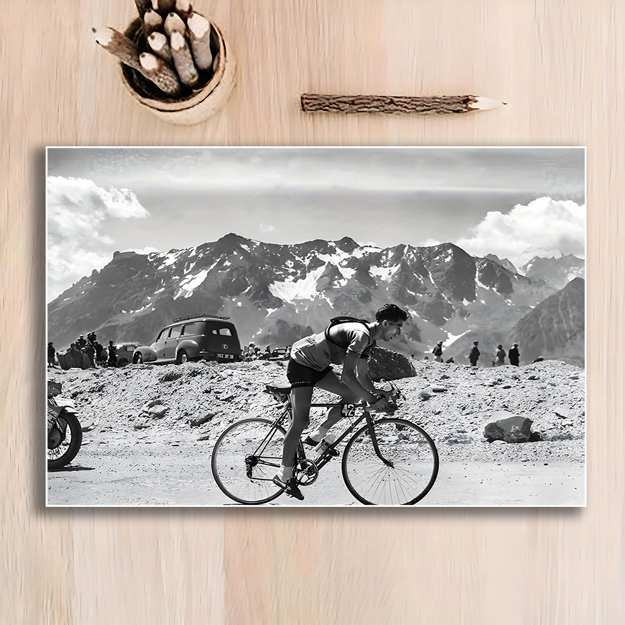 Vintage Black and White Bicycle Photography Canvas Art Unframed,  Frameless, High-* of a Cyclist Mountainous Landscape with Sp