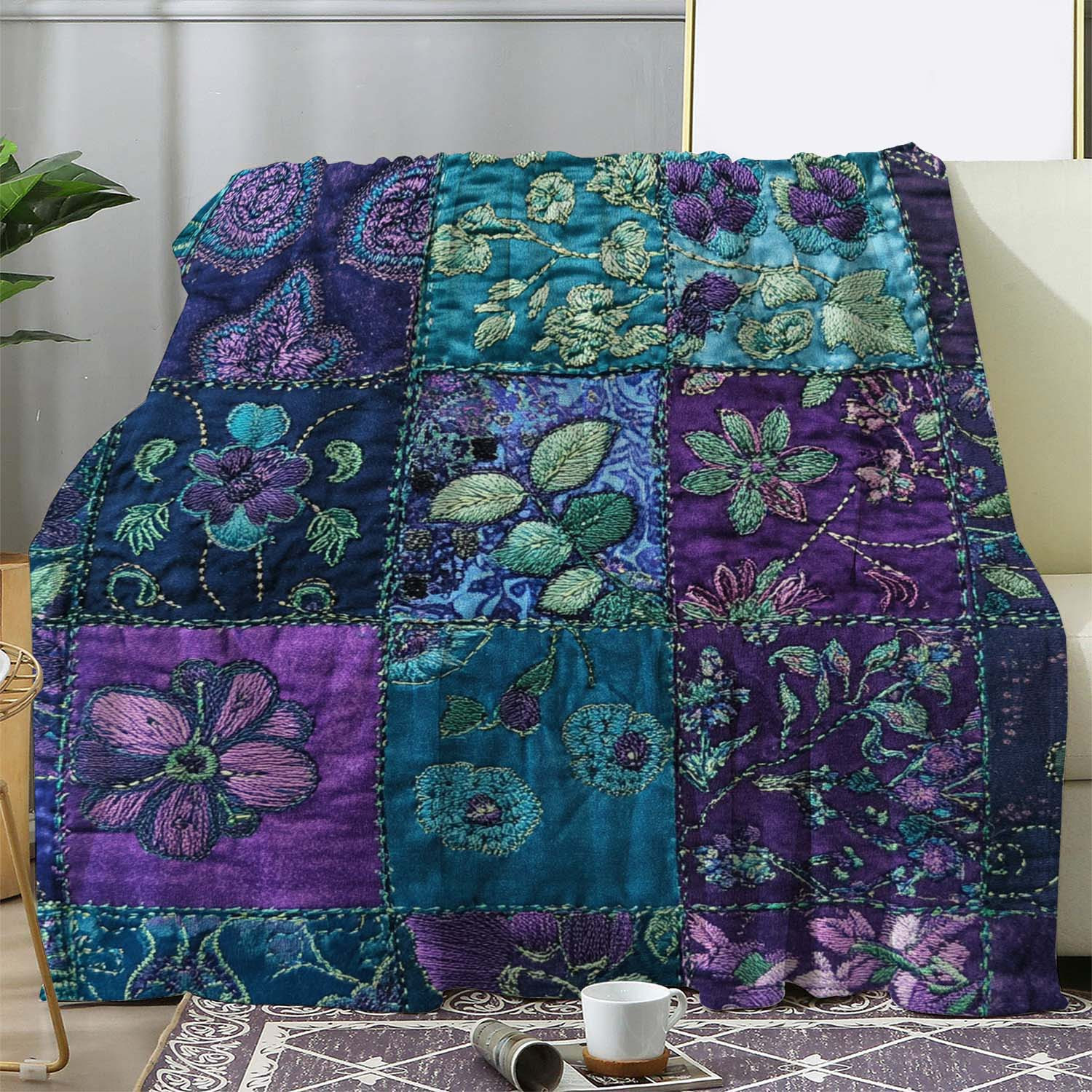 TEMU 1pc Purple Floral Embroidered Print Blanket, Vintage Ethnic Style Throw Blanket, Soft And Comfortable Flannel Blanket, Multiple Sizes Available,