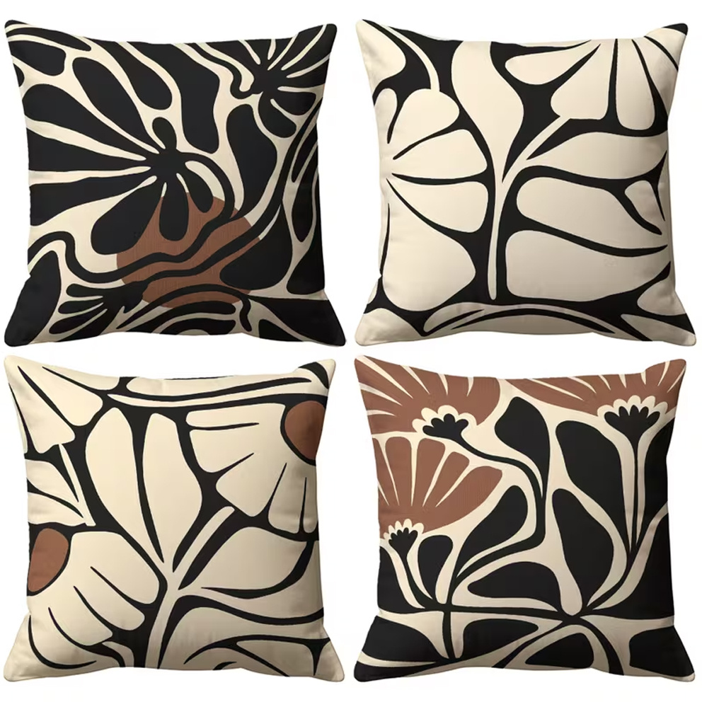 TEMU 4pcs Abstract Floral 2d Printed Linen Pillowcase, Modern Minimalist Black And White Geometric Cushion Cover, Nordic Style Sofa And Bed Headboard