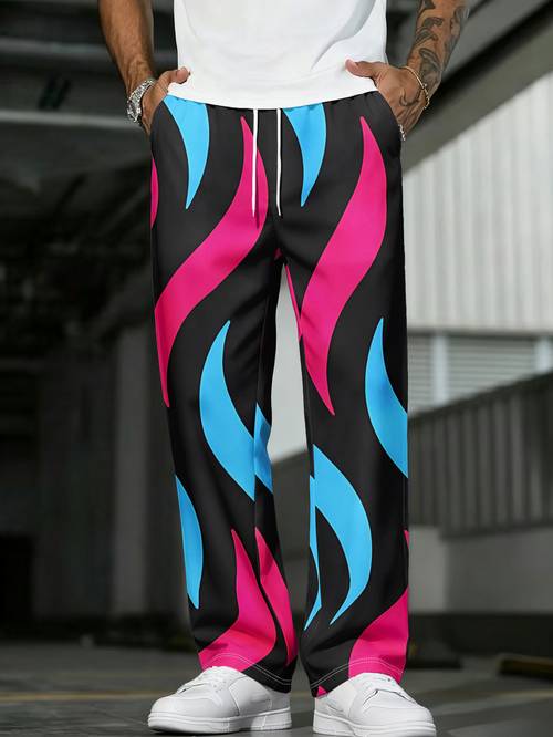item picture mens straight long pants loose drawstring casual trousers black background with wavy pattern vacation date night versatile machine washable