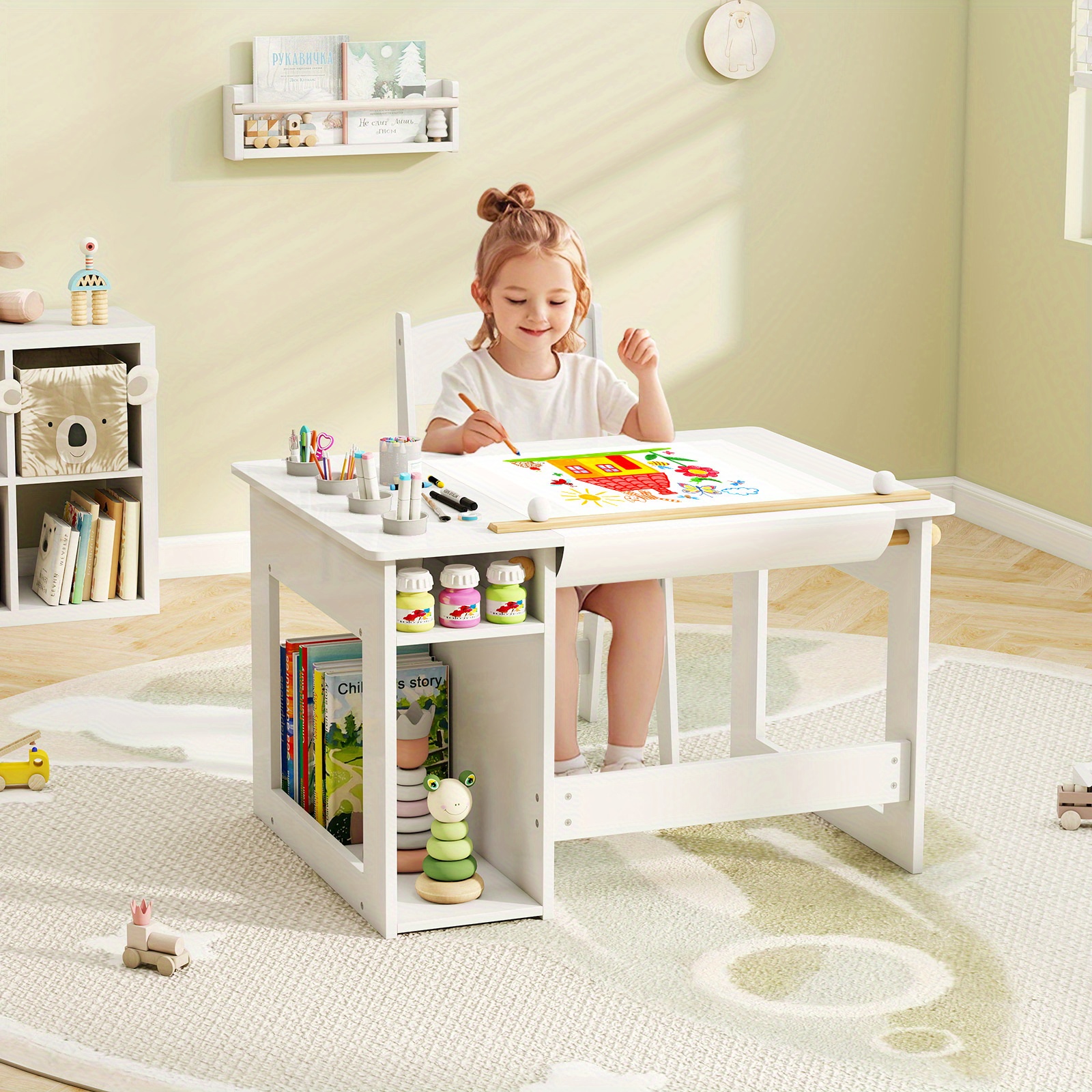 Costway Art Table & Chair Set, Toddler Craft With Paper Roll, 4 Paint Cups & 2 Storage Shelves, Children Activity Center For Daycare Preschool Play Room, White