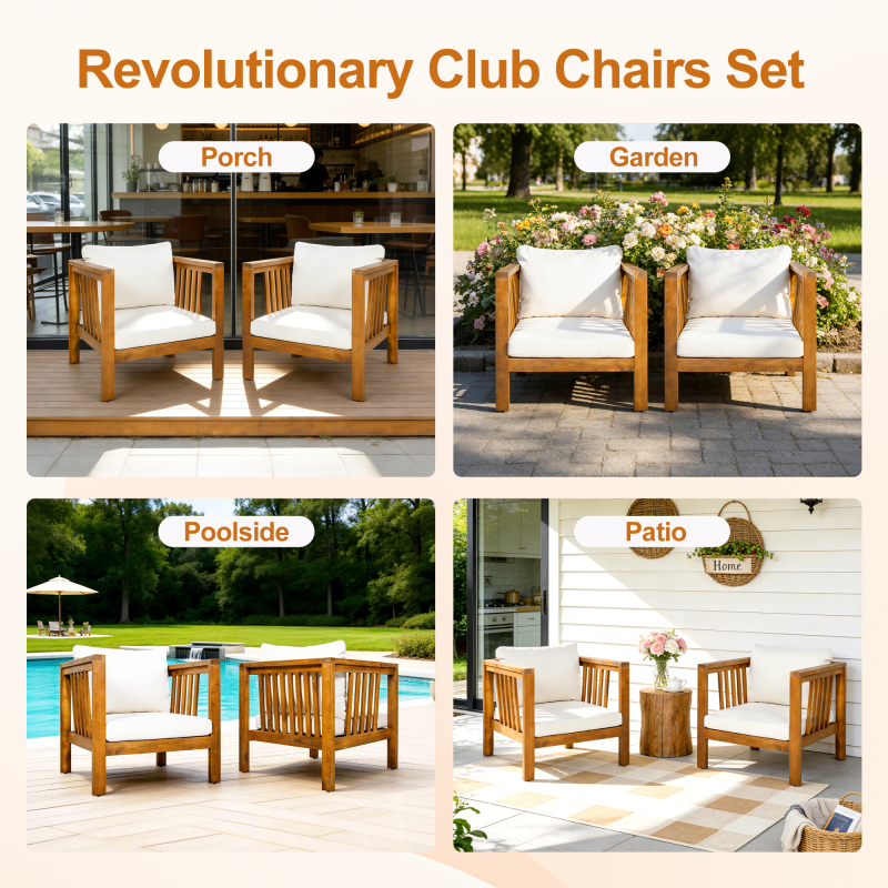 Outdoor Acacia Wood Club Chair with Modern Square Arms, Patio Chair with Thick Cushion, Adjustable Leveling Feet for Poolside, Backyard And Deck, Beige Cushion