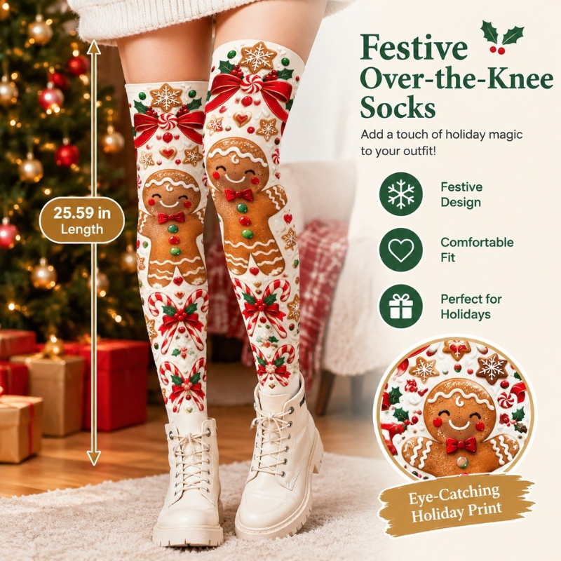 TEMU Gingerbread Christmas Thigh-high Socks For Women, Candy Cane Bow Snowflake Print Over-the-knee Socks, Cute Holiday Winter Long Socks