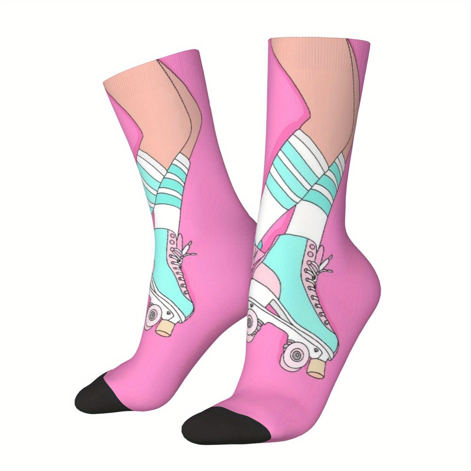 TEMU 1 Pair Pink And Blue Roller Skate Pattern Exuding Vitality Print Pattern Trendy Men's Mid-calf Socks