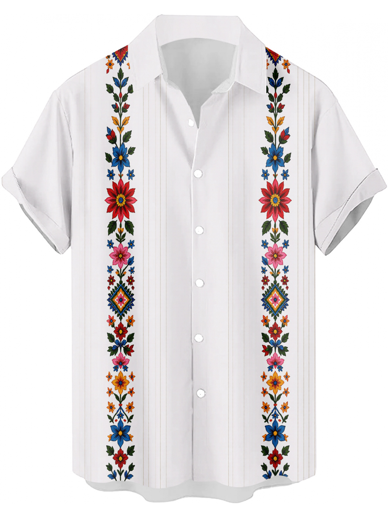 Men's White Floral Embroidered Short-Sleeve Shirt