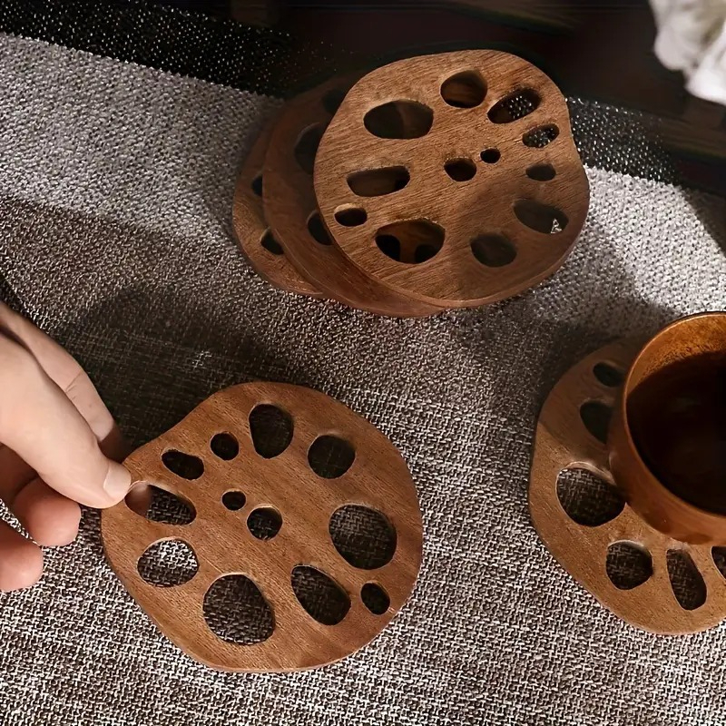 TEMU 6pcs Wood For Lotus Root Coasters - Hollow Design Heat-resistant Suitable For Home, Coffee Table Protectors, Non-slip Drink Mats, Hot Cup