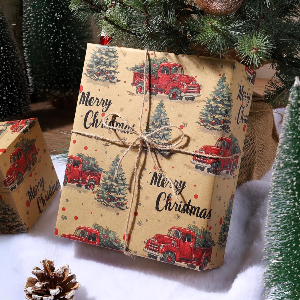 TEMU 1pc Vintage Christmas Wrapping Paper Roll, Classic Truck Design Gift Wrap Paper For Christmas, Holiday, Season Party Celebration, 17 Inch X 33 Feet