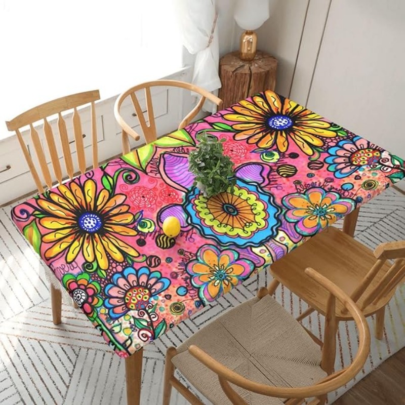 TEMU Hippie Art Flowers Tablecloth With Rectangular Table, Table Cloth Washable Table Cover For Kitchen Dining Party Outdoor Picnic Decoration