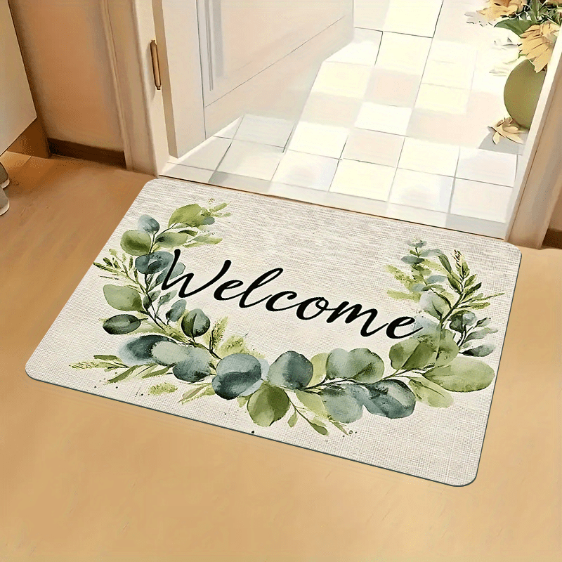 TEMU 1pc Floral Welcome Doormat - Cedar Leaf Pattern, Rectangle, Polyester Material, Non-slip Pvc Bottom, Machine Washable, Thick Velvet Material -