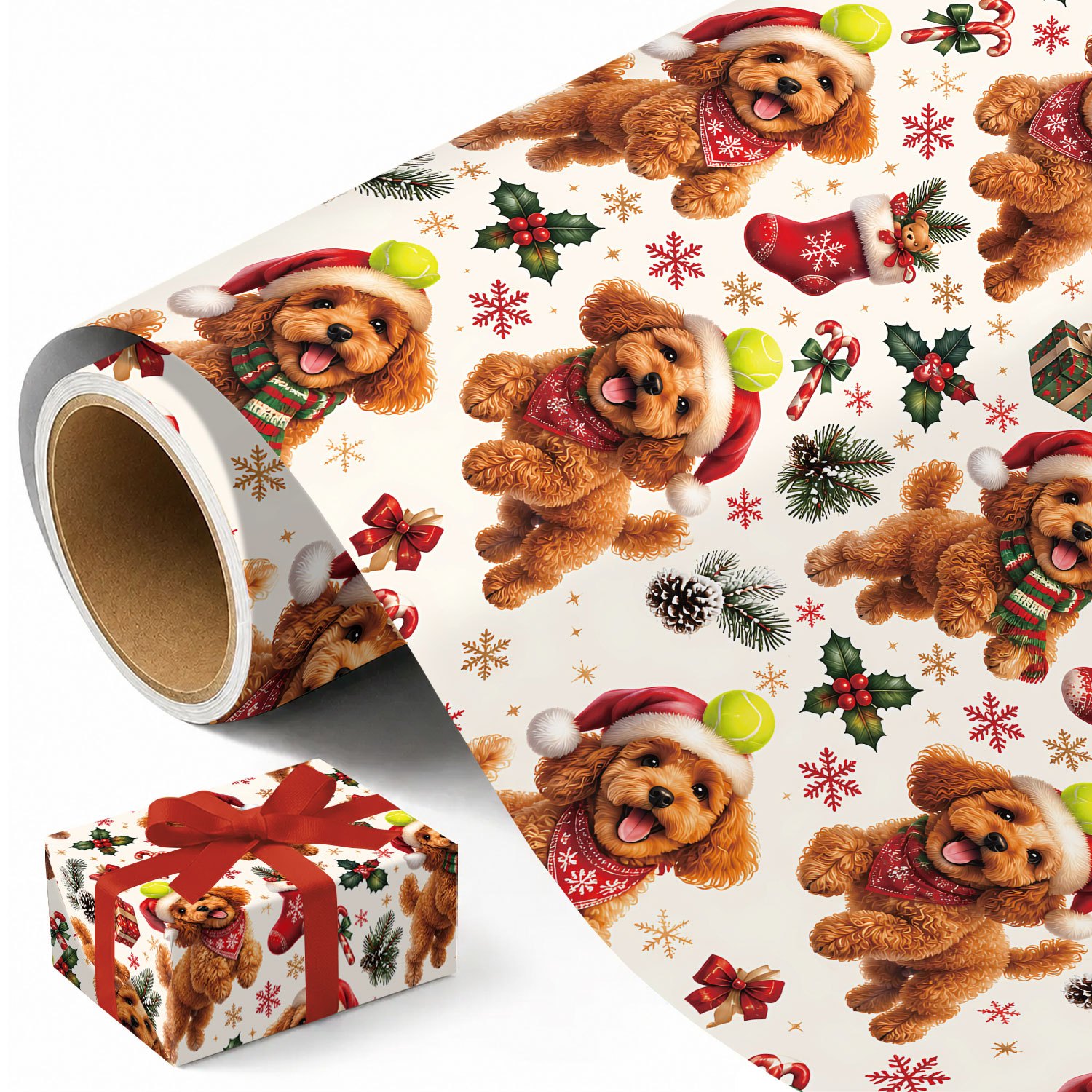 TEMU 1 Rotolo di Carta da Regalo Natalizia con Barboncini, Carta da Regalo Realistica e per le Feste con Barboncini che Indossano di , Palline da