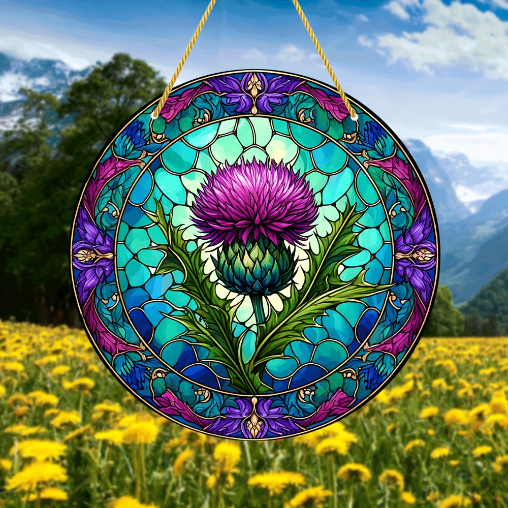 TEMU 2d Flat - A Vibrant Scottish Thistle Acrylic For 2d Planes, Featuring A Painted For Window Decoration. A Colorful Plant Art Piece Ideal For ,