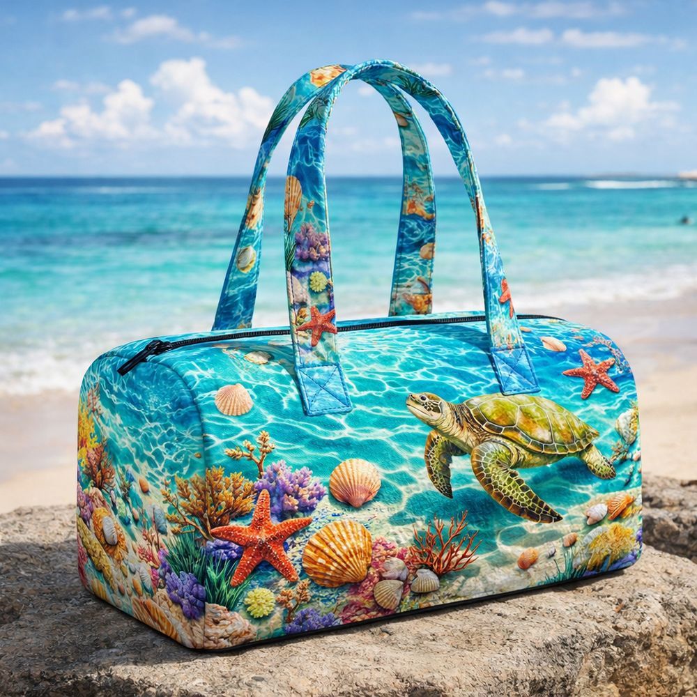 Image of Sea Turtle Shell Coral Printed Tote Bag, Matching Print Fabric Handle Tropical Large Capacity Zipper Gym Bag, Beach Vacation Themed Handbag For Travel & Daily Storage