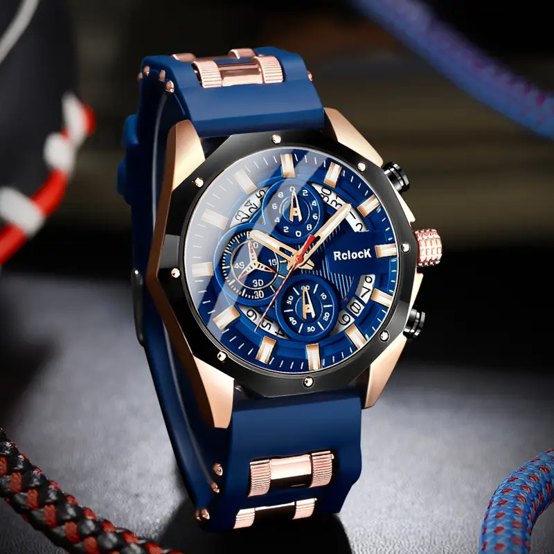 1 MSCXDK Modern Luxury Blue & Golden Chronograph Analog Watch with Date/Day Display, Shockproof Quartz Movement, Golden Case & Blue Strap - Unisex Wristwatch for Men & Women, Dress Watch for Casual/Formal Occasions, Gift for Him/Her