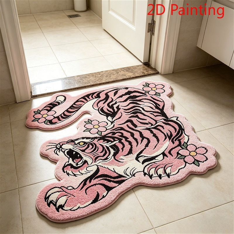 TEMU 1pc Luxury Faux Imitation Cashmere Rug Suitable For Bedroom, Living Room, Office - Thick Pile Soft With Cherry & Tiger Pattern, Machine Washable