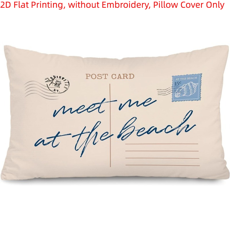 TEMU 1 pieza, impresión 2D, de almohada con estampado de postal, concha de mar y texto de playa, diseño retro, impresión a una cara, sin bordado,
