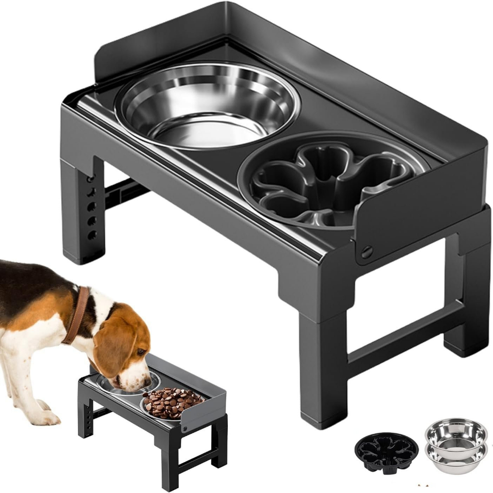 Height Adjustable Pet Feeding Station Tilted Design With 2 Stainless Steel Bowls Practical Pet Dining Stand Including Slow Feeding Bowl For Eating Use