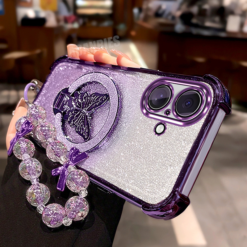TEMU Phone Case: For Iphone17 Luxury Glitter Bracket Folding Holder With Bead Lanyard Wrist Strap Chain And Gradient Plating Phone Case For Iphone 17