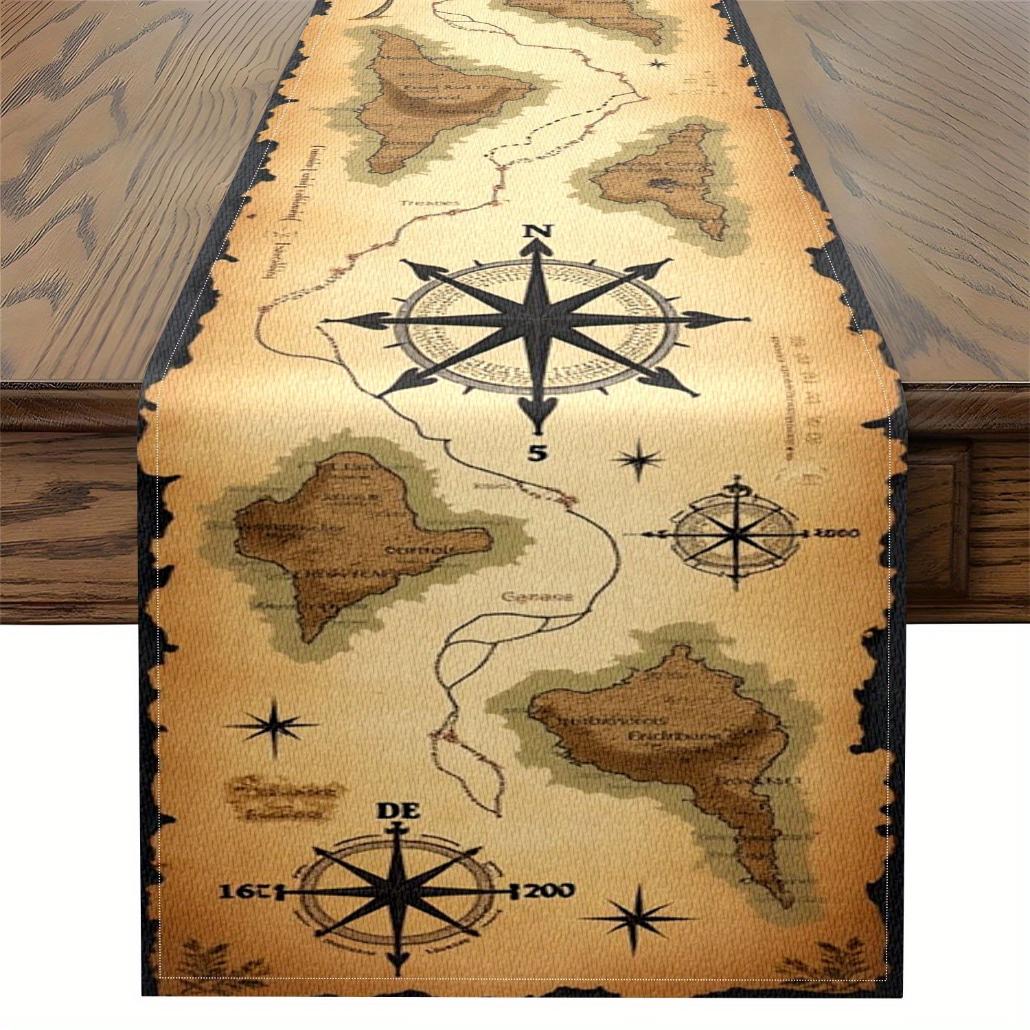 1 Pirate Map-themed Table Runner With Vintage Island & Compass Designs - Durable Polyester Fabric For Pirate Parties, Halloween, Nautical Events, Coastal Home Decor