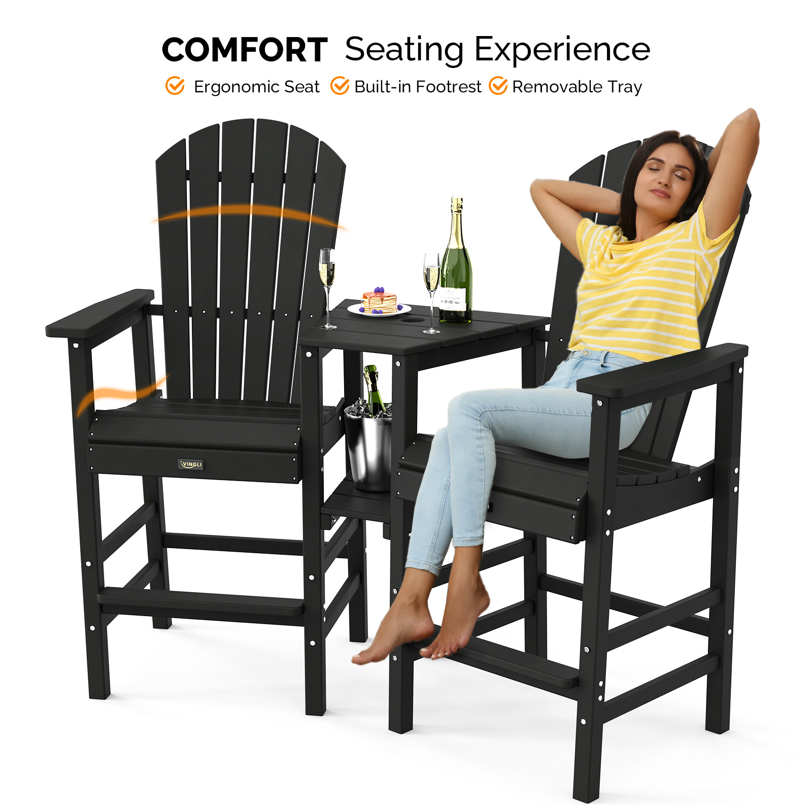 2pcs High-legged Adirondack Chair Set, All-weather High-density Polyethylene (HDPE) Bar Stool, Outdoor Chair with Double Tray and Parasol Opening, Suitable for Balconies, Poolside, Backyards, and Patios.